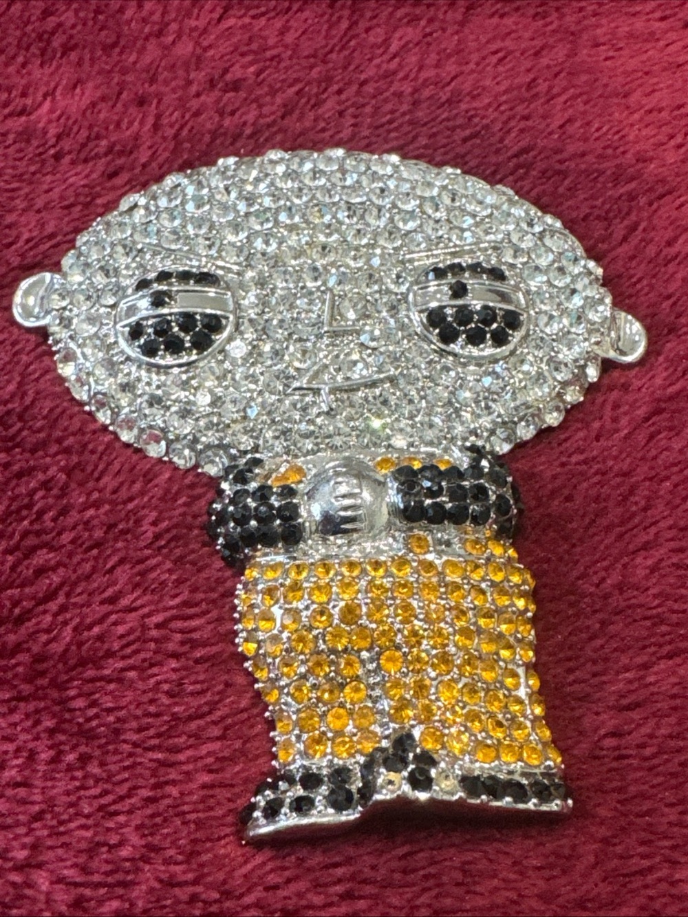 Large Iced Out CZ Character Pendant Silver Tone Yellow Black Stones No Bail